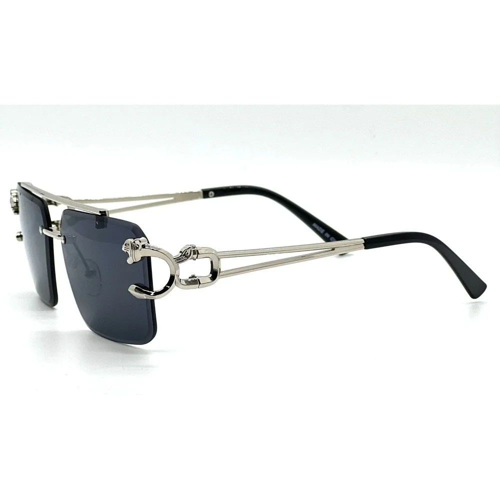 Rimless Rectangle Sunglasses Silver Frame Fashion Tinted Men Dark Black Lens New